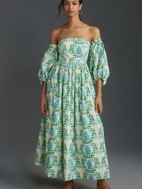 Anthropologie Off-the-Shoulder Floral Midi Dress in Blue and Green
